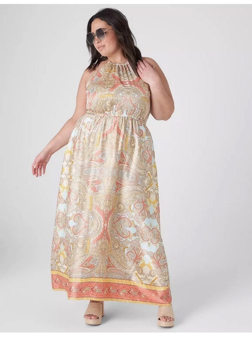 Lane Bryant Paisley Halter Maxi Dress in Coral, Cream & Pale Blue